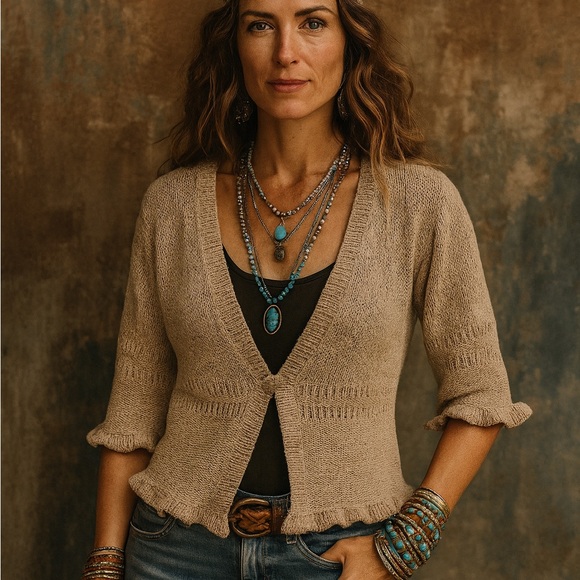 august silk Sweaters - Vintage August Silk Tan Knit Ruffle Short Sleeve Shrug Cardigan Size Medium